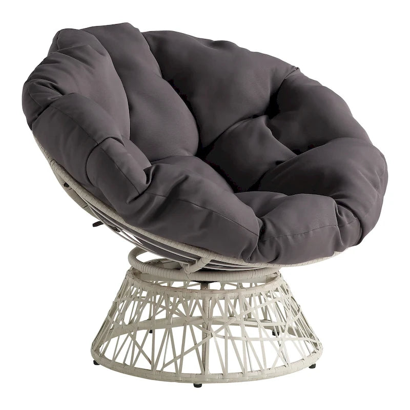 Fauteuil pivotant Papasan avec coussin touffeté épais et cadre en résine tressée — 101,6 cm (L) × 89,5 cm (H)