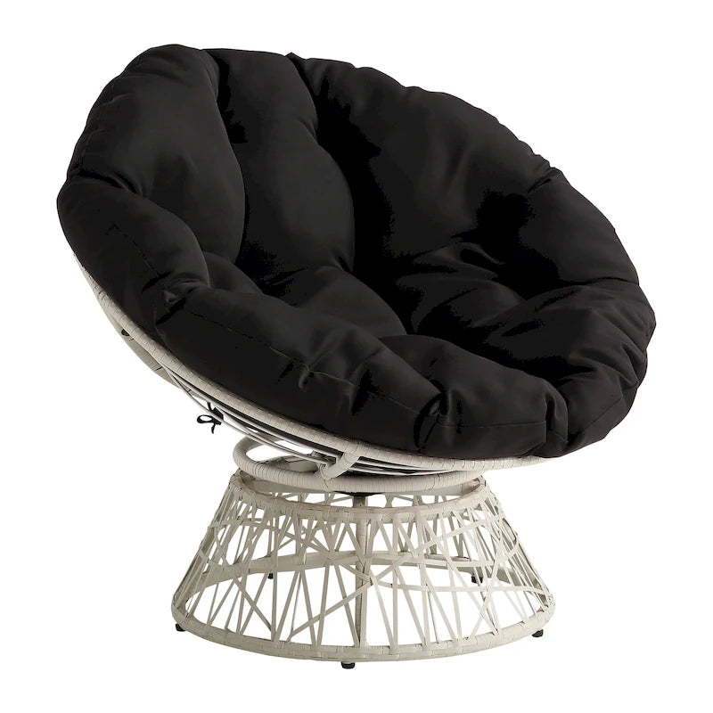 Fauteuil pivotant Papasan avec coussin touffeté épais et cadre en résine tressée — 101,6 cm (L) × 89,5 cm (H)