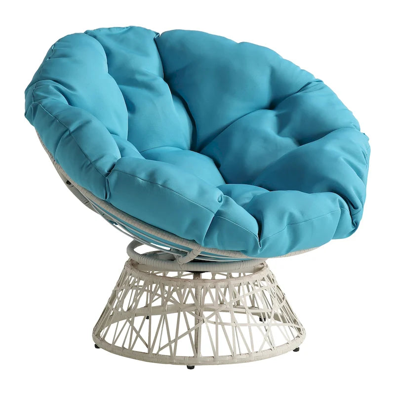 Fauteuil pivotant Papasan avec coussin touffeté épais et cadre en résine tressée — 101,6 cm (L) × 89,5 cm (H)