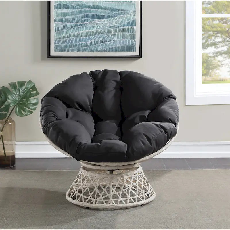 Fauteuil pivotant Papasan avec coussin touffeté épais et cadre en résine tressée — 101,6 cm (L) × 89,5 cm (H)