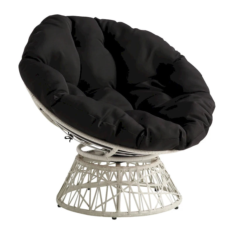 Fauteuil pivotant Papasan avec coussin touffeté épais et cadre en résine tressée — 101,6 cm (L) × 89,5 cm (H)