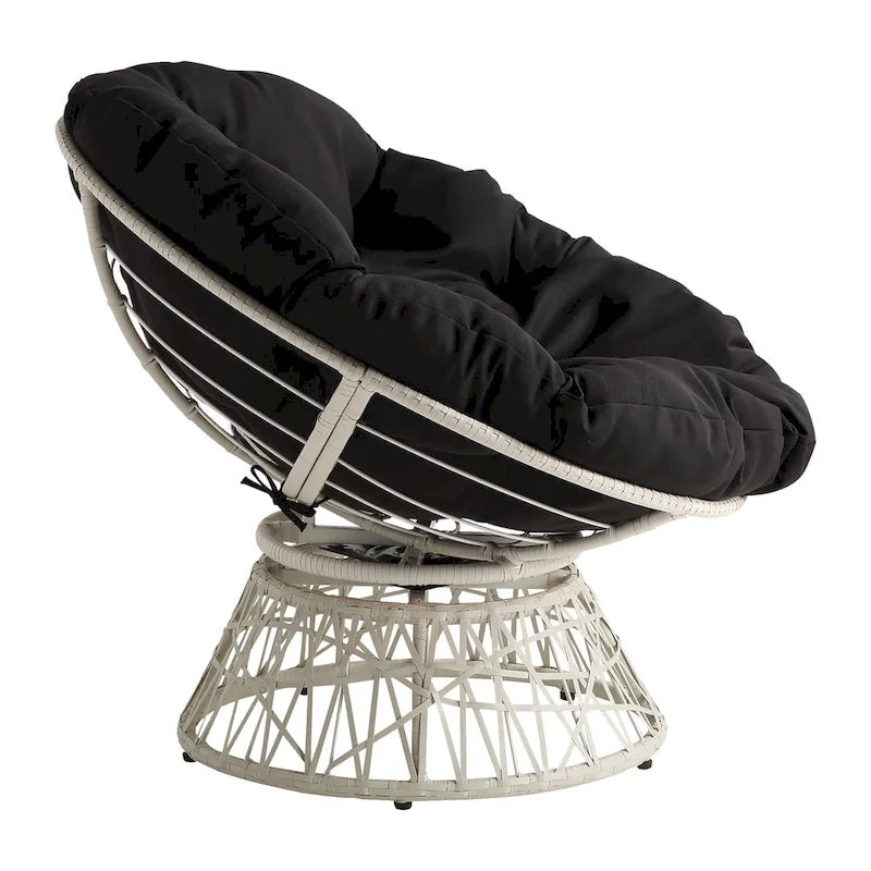 Fauteuil pivotant Papasan avec coussin touffeté épais et cadre en résine tressée — 101,6 cm (L) × 89,5 cm (H)