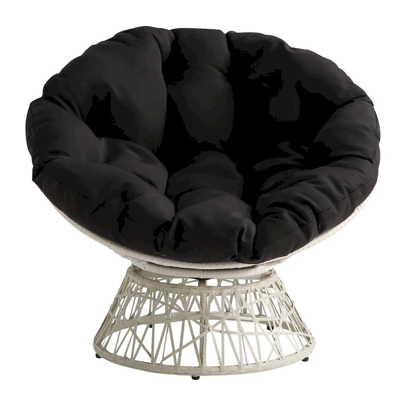 Fauteuil pivotant Papasan avec coussin touffeté épais et cadre en résine tressée — 101,6 cm (L) × 89,5 cm (H)