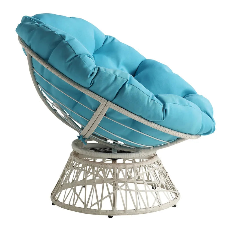 Fauteuil pivotant Papasan avec coussin touffeté épais et cadre en résine tressée — 101,6 cm (L) × 89,5 cm (H)