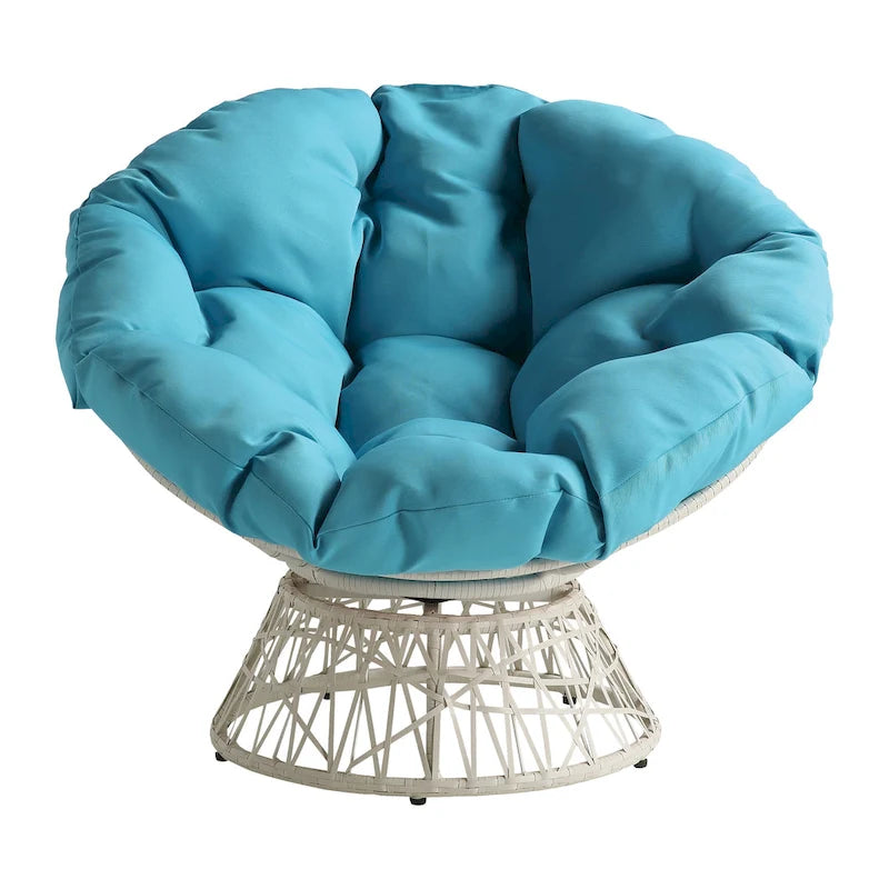 Fauteuil pivotant Papasan avec coussin touffeté épais et cadre en résine tressée — 101,6 cm (L) × 89,5 cm (H)