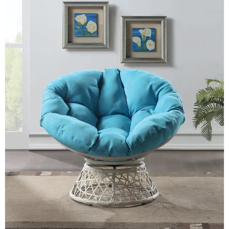 Fauteuil pivotant Papasan avec coussin touffeté épais et cadre en résine tressée — 101,6 cm (L) × 89,5 cm (H)