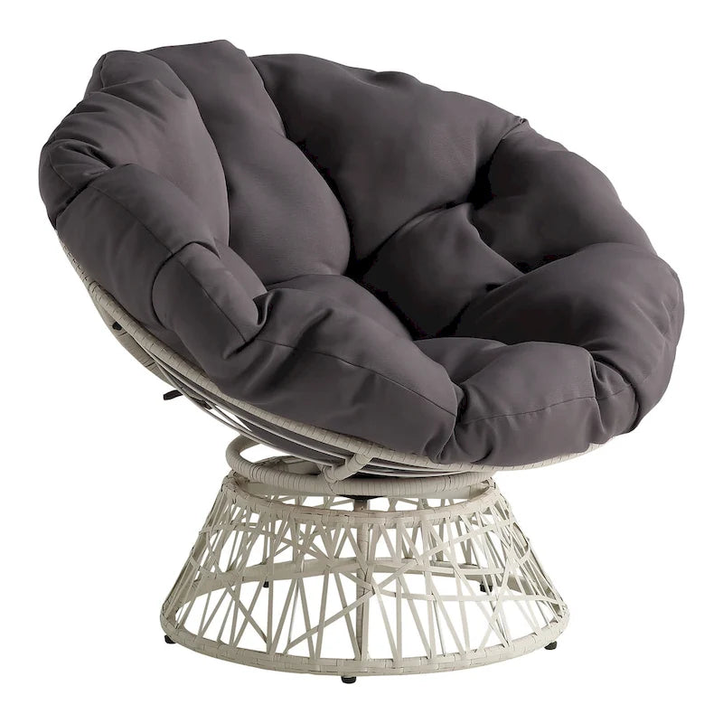 Fauteuil pivotant Papasan avec coussin touffeté épais et cadre en résine tressée — 101,6 cm (L) × 89,5 cm (H)
