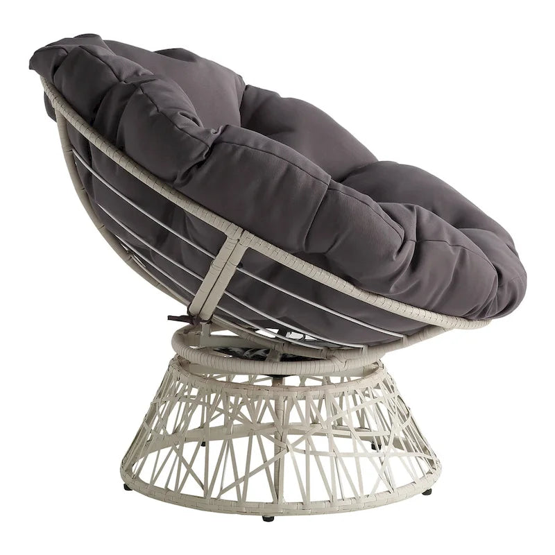 Fauteuil pivotant Papasan avec coussin touffeté épais et cadre en résine tressée — 101,6 cm (L) × 89,5 cm (H)