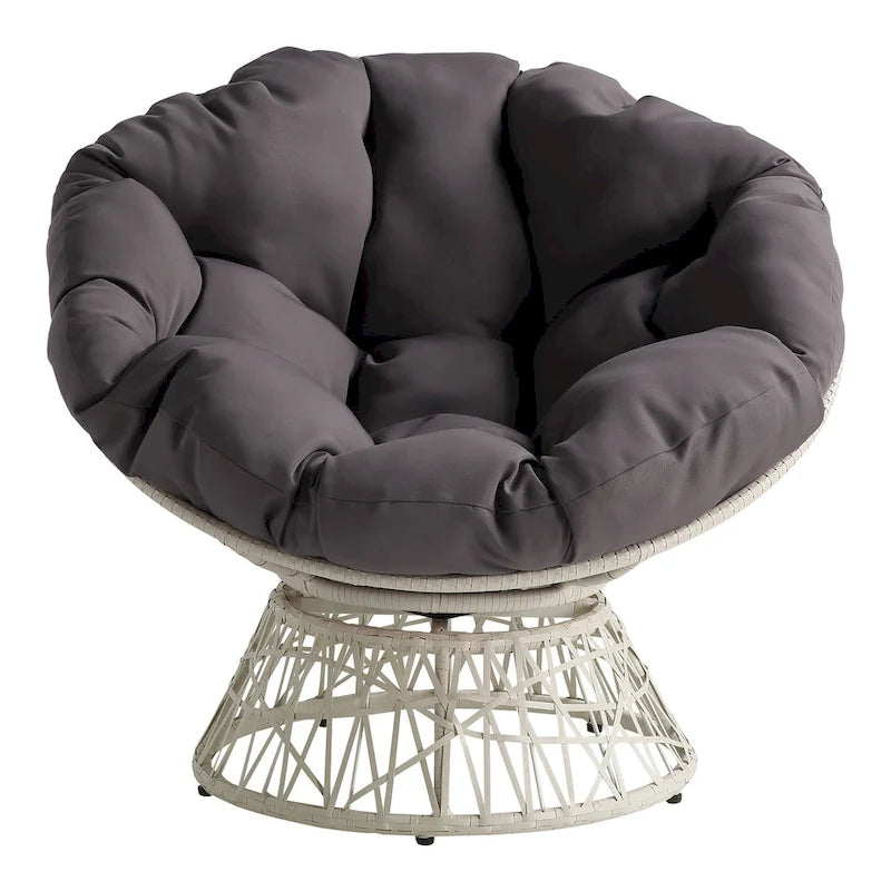 Fauteuil pivotant Papasan avec coussin touffeté épais et cadre en résine tressée — 101,6 cm (L) × 89,5 cm (H)