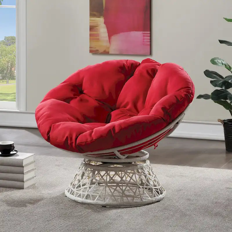 Fauteuil pivotant Papasan avec coussin touffeté épais et cadre en résine tressée — 101,6 cm (L) × 89,5 cm (H)