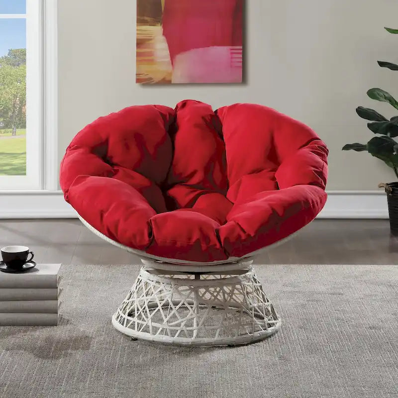 Fauteuil pivotant Papasan avec coussin touffeté épais et cadre en résine tressée — 101,6 cm (L) × 89,5 cm (H)