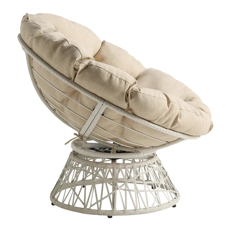 Fauteuil pivotant Papasan avec coussin touffeté épais et cadre en résine tressée — 101,6 cm (L) × 89,5 cm (H)