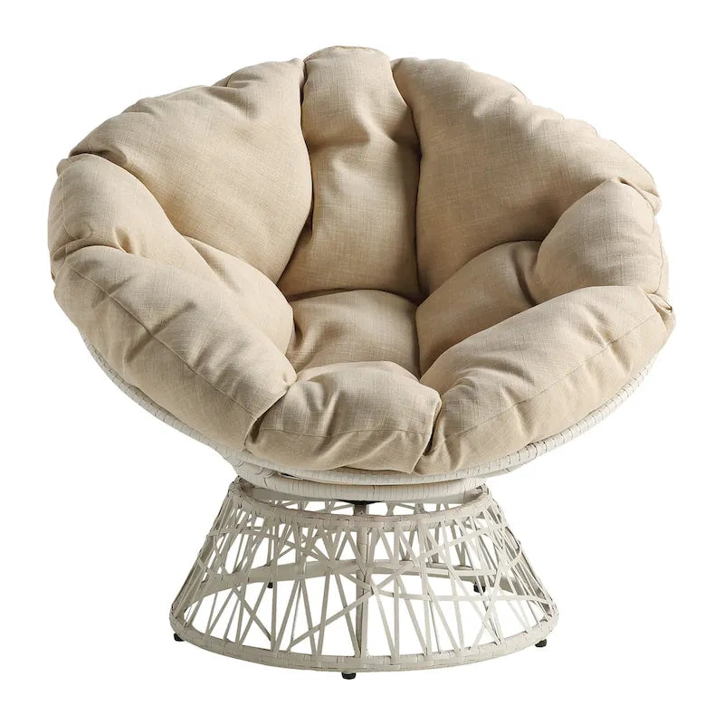 Fauteuil pivotant Papasan avec coussin touffeté épais et cadre en résine tressée — 101,6 cm (L) × 89,5 cm (H)