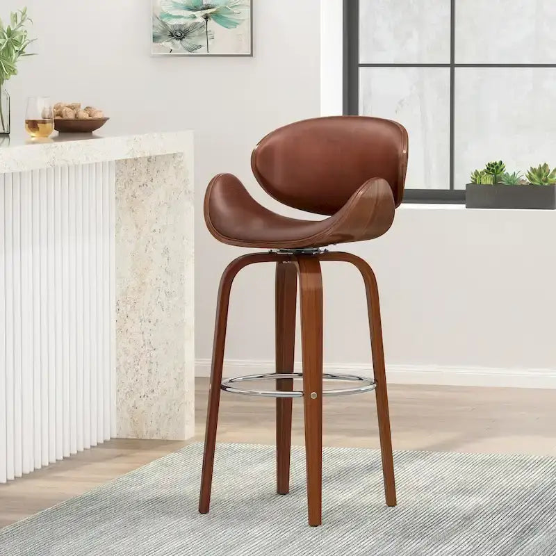 Tabouret de bar pivotant rembourré Mid-Century avec structure en bois courbé et repose-pieds chromé — Hauteur d'assise 76 cm