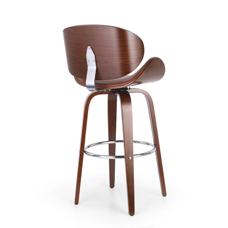 Tabouret de bar pivotant rembourré Mid-Century avec structure en bois courbé et repose-pieds chromé — Hauteur d'assise 76 cm