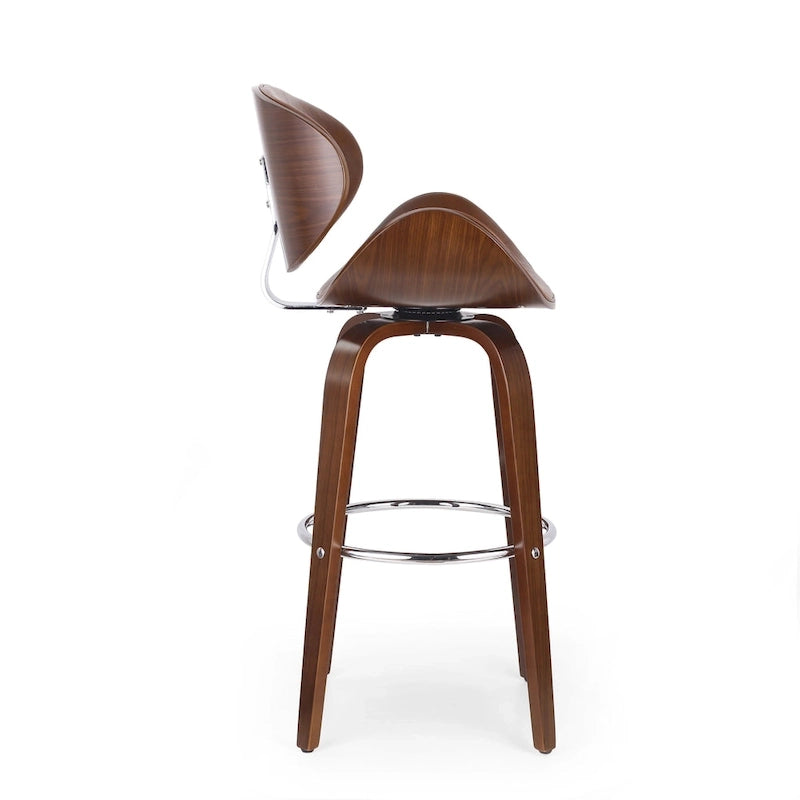 Tabouret de bar pivotant rembourré Mid-Century avec structure en bois courbé et repose-pieds chromé — Hauteur d'assise 76 cm