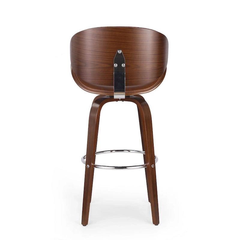 Tabouret de bar pivotant rembourré Mid-Century avec structure en bois courbé et repose-pieds chromé — Hauteur d'assise 76 cm