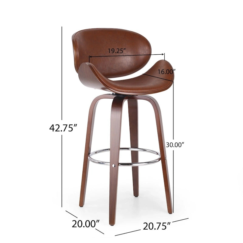Tabouret de bar pivotant rembourré Mid-Century avec structure en bois courbé et repose-pieds chromé — Hauteur d'assise 76 cm