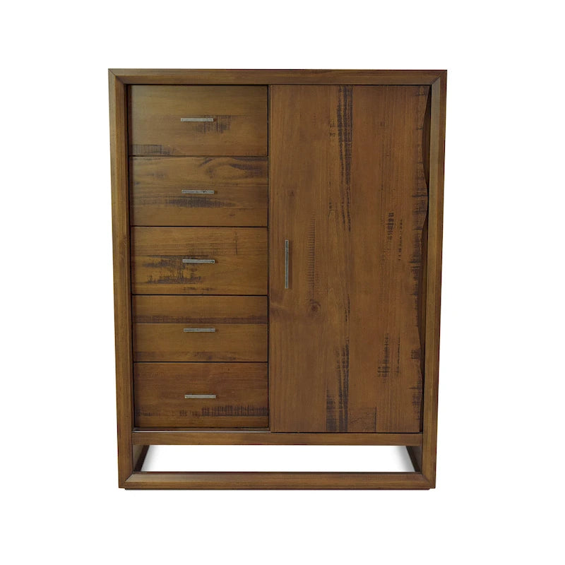 Commode haute avec 5 tiroirs, 3 étagères et porte coulissante — Mocha vieilli