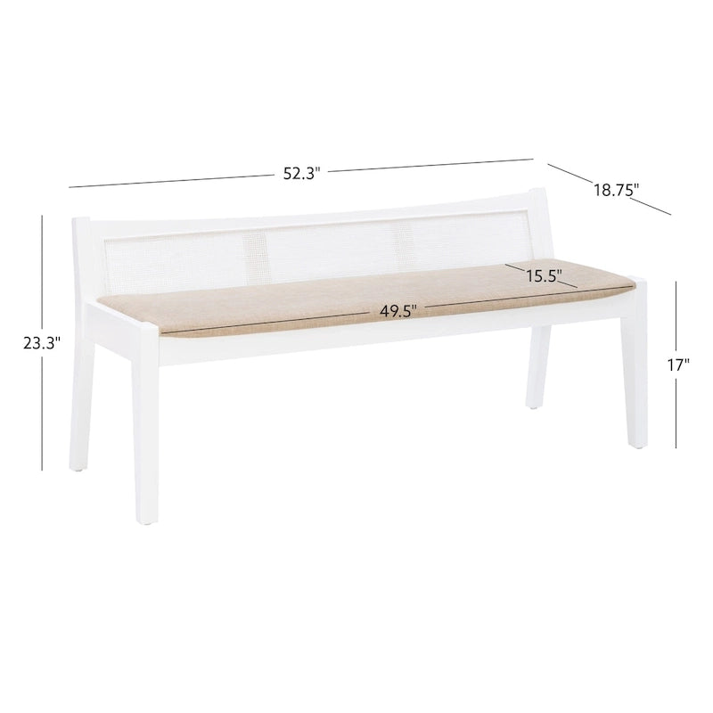 Banc rembourré en bois massif avec dossier en rotin
