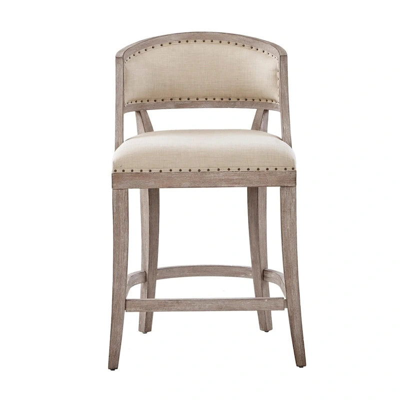 Tabouret de comptoir rembourré naturel avec structure en bois massif et clous décoratifs en bronze — 53,3 cm (l) × 62,2 cm (P) × 94,6 cm (H)