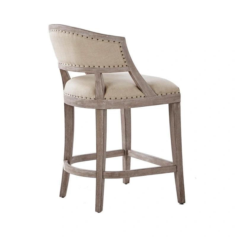 Tabouret de comptoir rembourré naturel avec structure en bois massif et clous décoratifs en bronze — 53,3 cm (l) × 62,2 cm (P) × 94,6 cm (H)