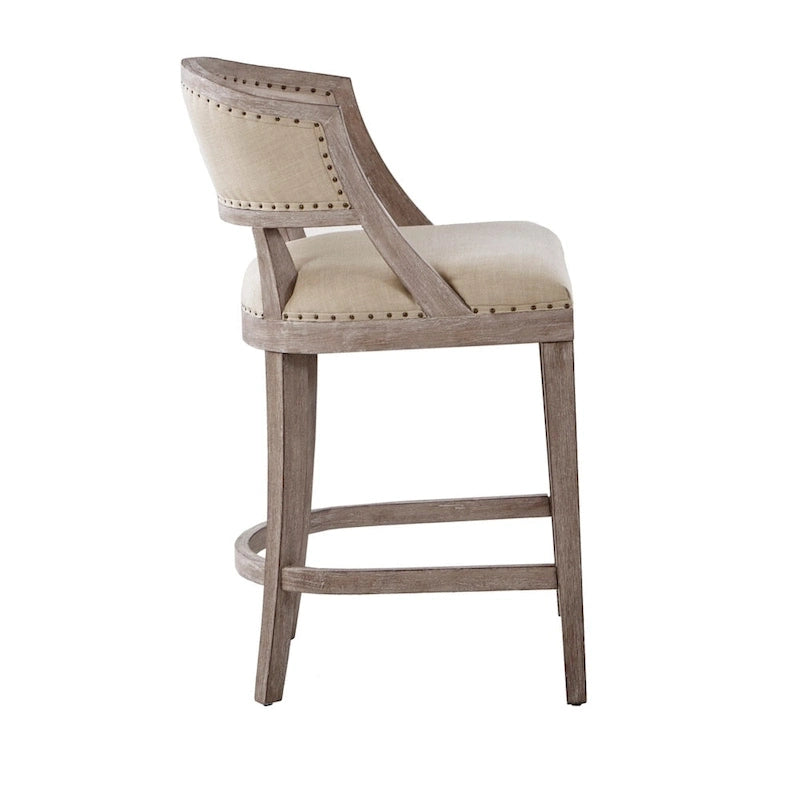 Tabouret de comptoir rembourré naturel avec structure en bois massif et clous décoratifs en bronze — 53,3 cm (l) × 62,2 cm (P) × 94,6 cm (H)