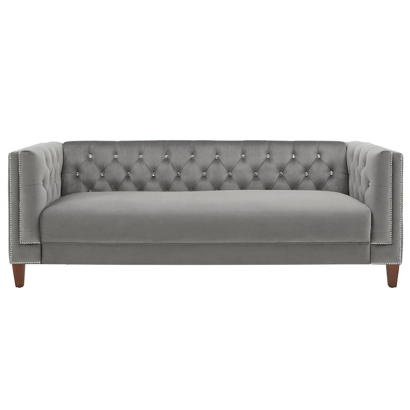 Canapé en velours gris capitonné, avec accents de cristal et clous décoratifs argentés — Canapé et causeuse