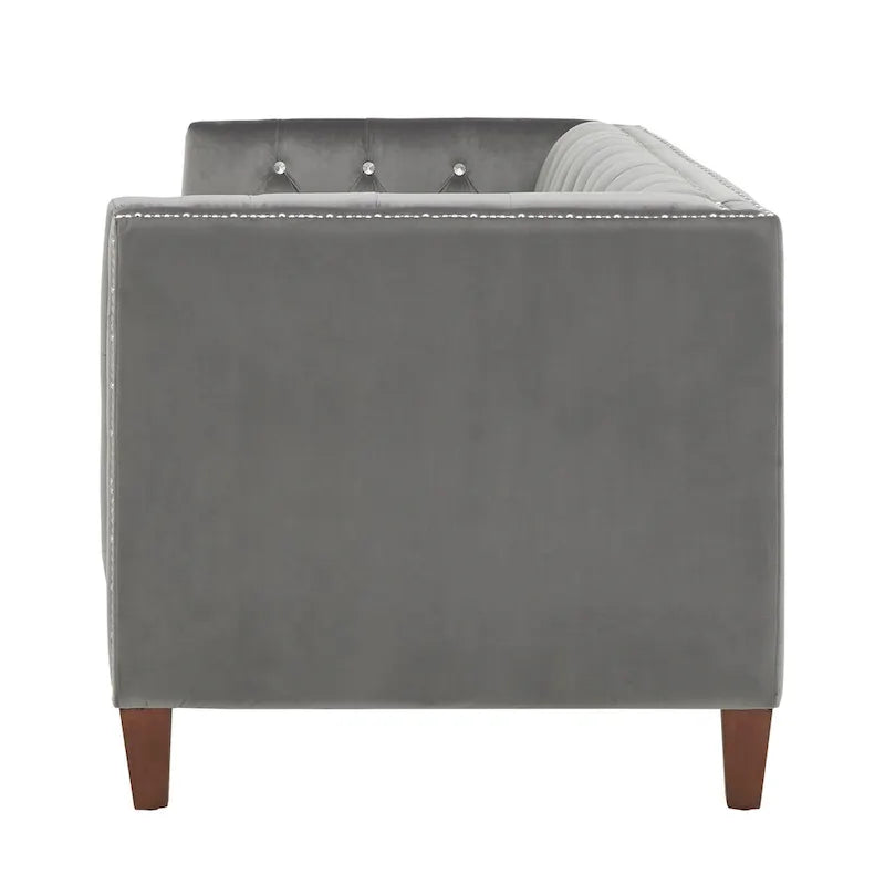Canapé en velours gris capitonné, avec accents de cristal et clous décoratifs argentés — Canapé et causeuse