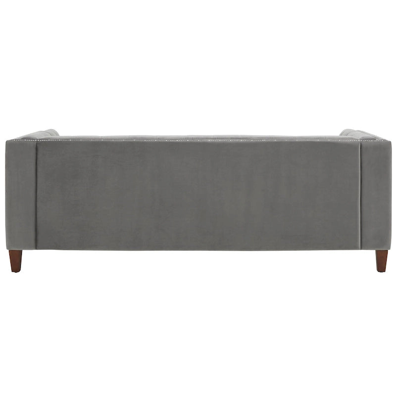 Canapé en velours gris capitonné, avec accents de cristal et clous décoratifs argentés — Canapé et causeuse