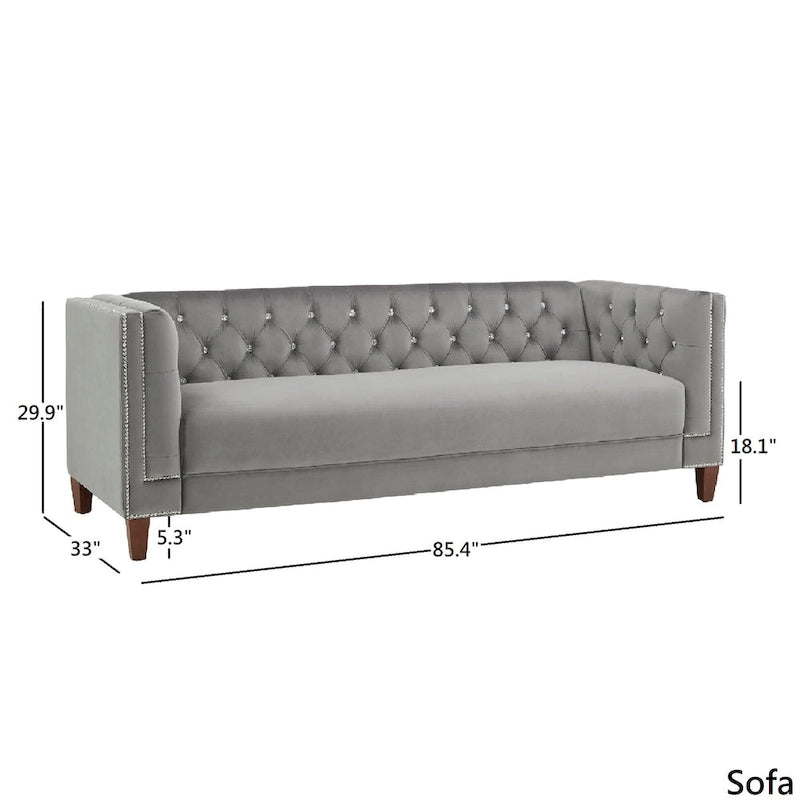 Canapé en velours gris capitonné, avec accents de cristal et clous décoratifs argentés — Canapé et causeuse