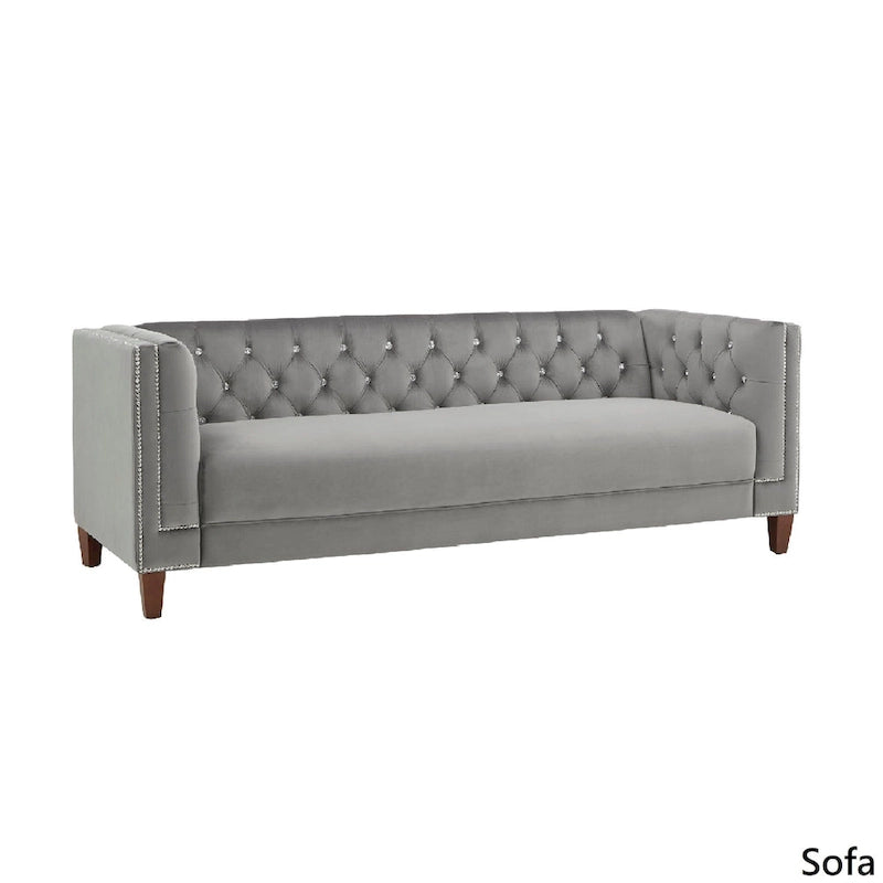 Canapé en velours gris capitonné, avec accents de cristal et clous décoratifs argentés — Canapé et causeuse
