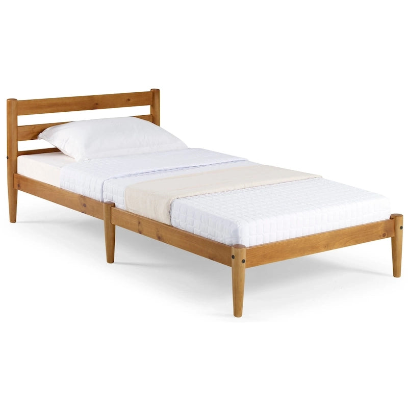 Lit plateforme double en bois massif avec tête de lit à lattes et pieds fuselés — Style Mid-Century