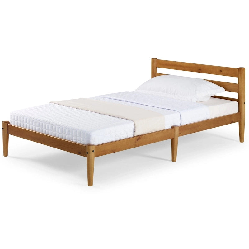 Lit plateforme double en bois massif avec tête de lit à lattes et pieds fuselés — Style Mid-Century