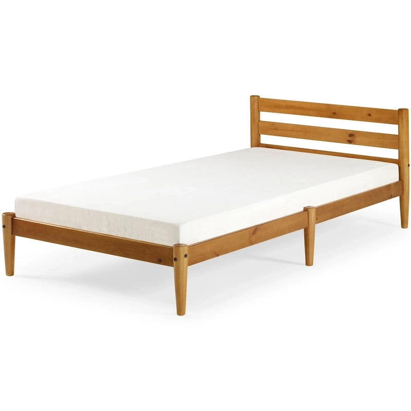 Lit plateforme double en bois massif avec tête de lit à lattes et pieds fuselés — Style Mid-Century