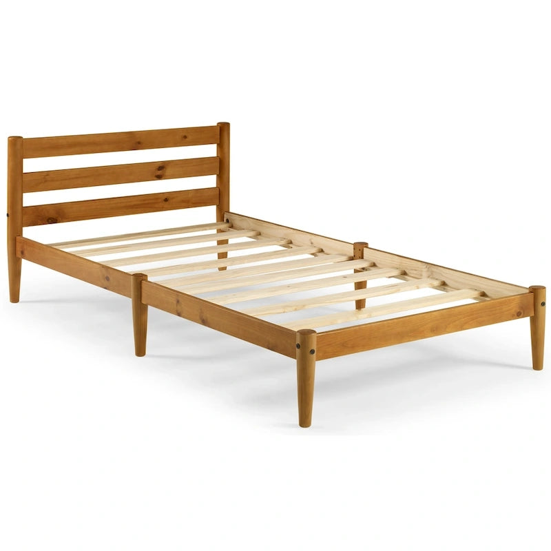 Lit plateforme double en bois massif avec tête de lit à lattes et pieds fuselés — Style Mid-Century