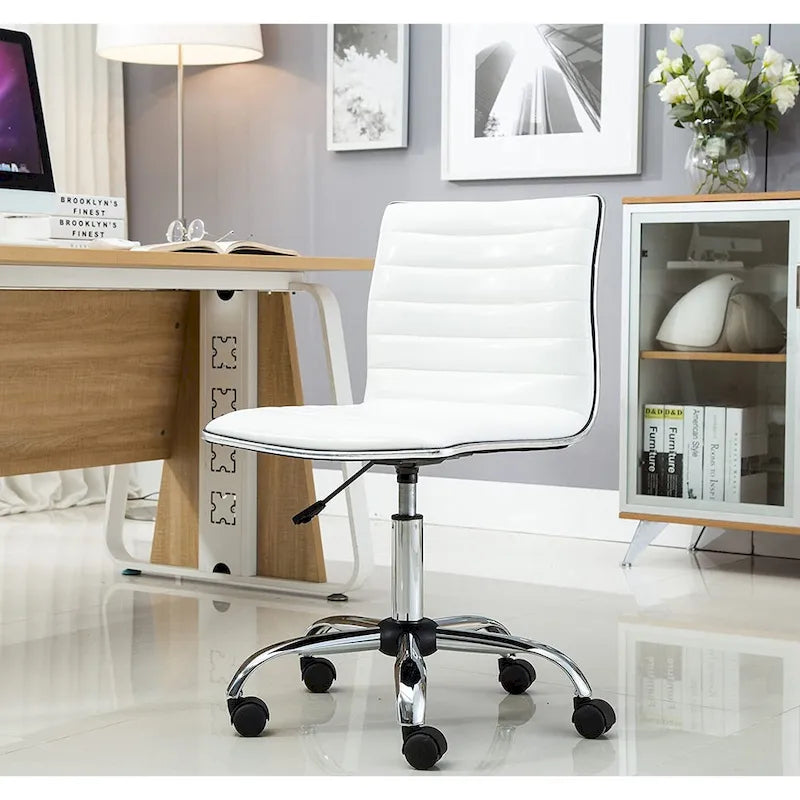 Chaise de bureau pivotante à dossier mi-haut avec revêtement en cuir côtelé – Blanc, sans accoudoirs