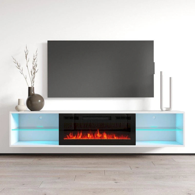 Meuble TV mural avec cheminée électrique, pour téléviseurs jusqu'à 80 pouces, avec télécommande — 72"