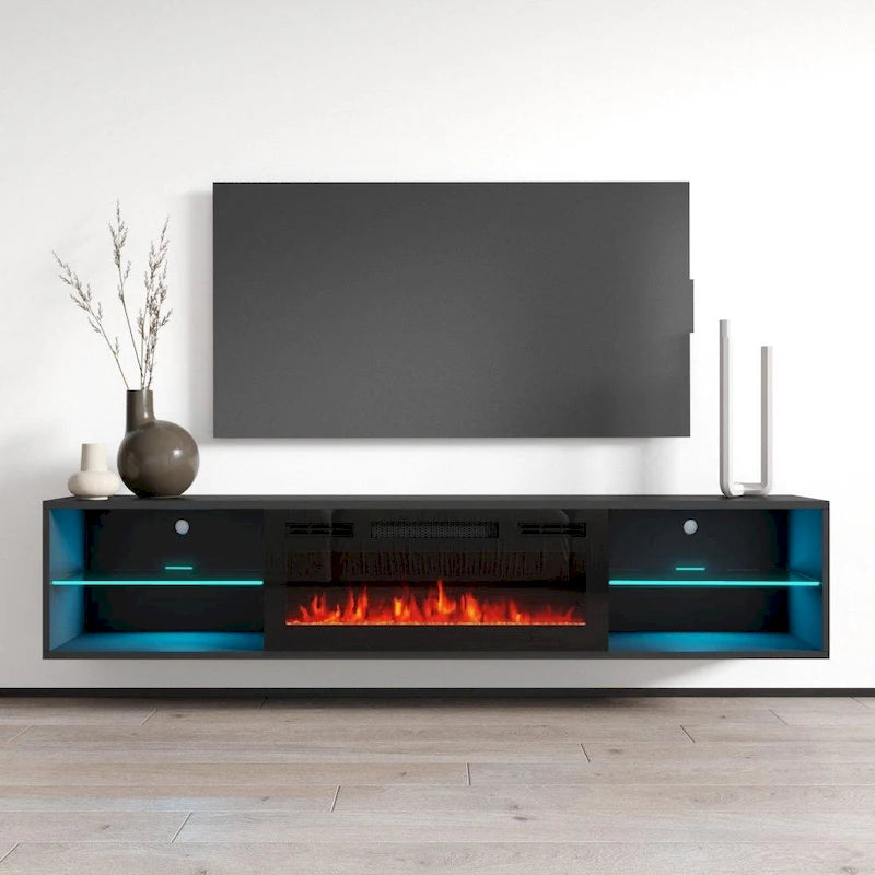 Meuble TV mural avec cheminée électrique, pour téléviseurs jusqu'à 80 pouces, avec télécommande — 72"