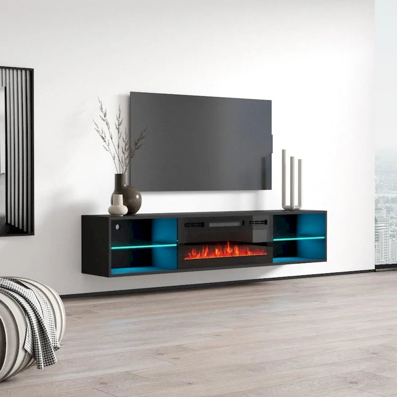 Meuble TV mural avec cheminée électrique, pour téléviseurs jusqu'à 80 pouces, avec télécommande — 72"