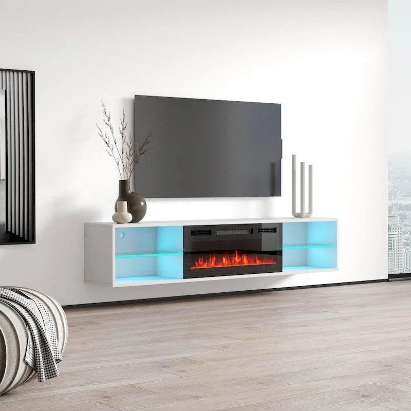 Meuble TV mural avec cheminée électrique, pour téléviseurs jusqu'à 80 pouces, avec télécommande — 72"