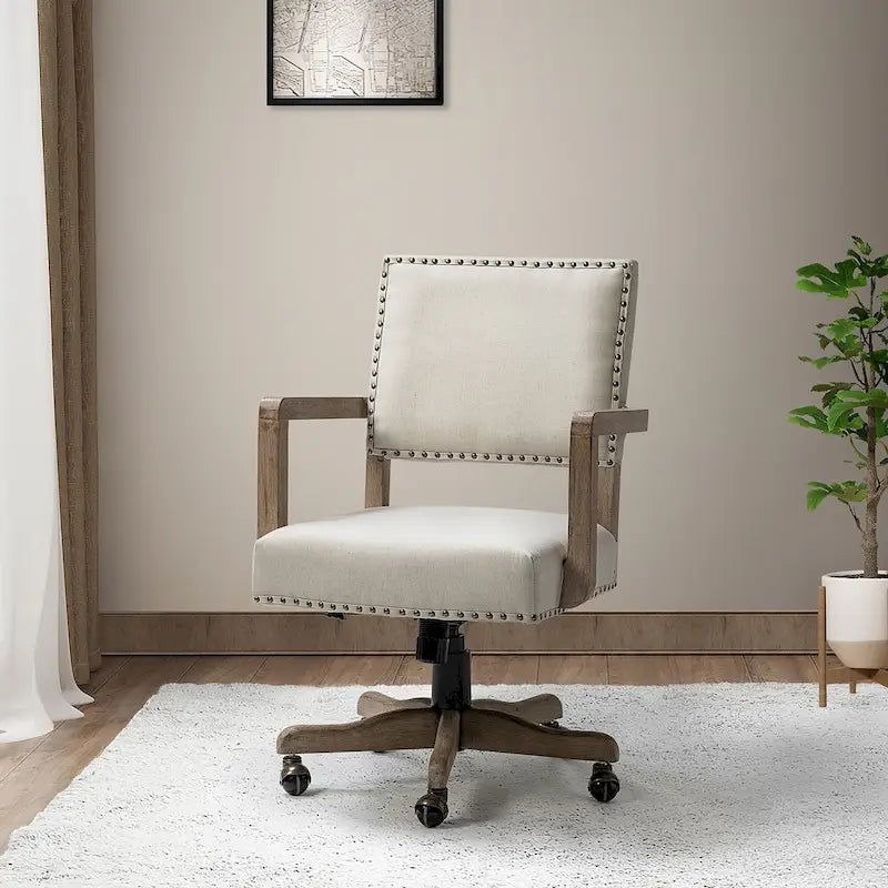 Chaise de bureau pivotante à hauteur réglable avec garniture cloutée (mi-dossier) – Mélange de lin, capacité de 250 lb