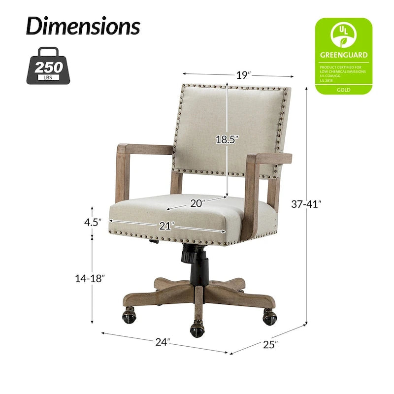 Chaise de bureau pivotante à hauteur réglable avec garniture cloutée (mi-dossier) – Mélange de lin, capacité de 250 lb