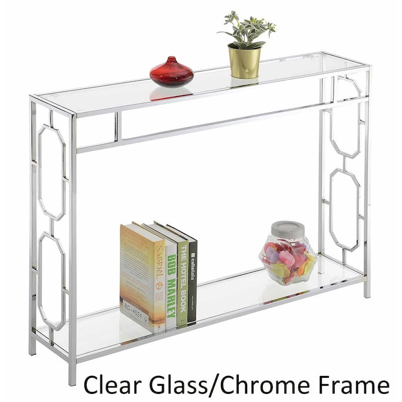 Console moderne chromée avec plateau et étagère inférieure en verre trempé