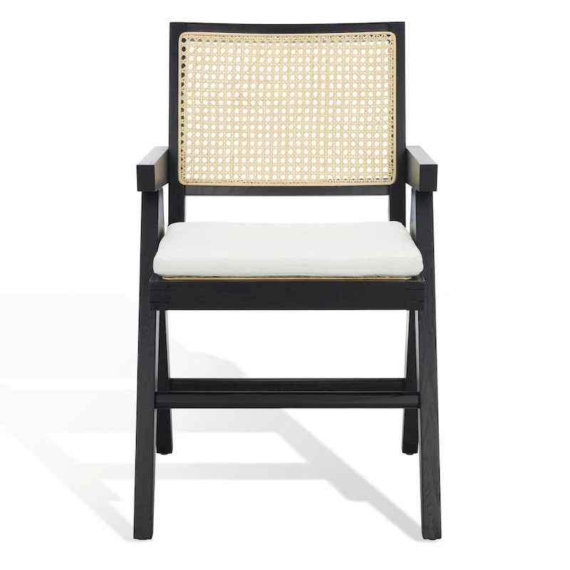 Fauteuil en bois de frêne massif avec dossier en rotin et coussin rembourré — 53 cm L × 58 cm P × 86 cm H
