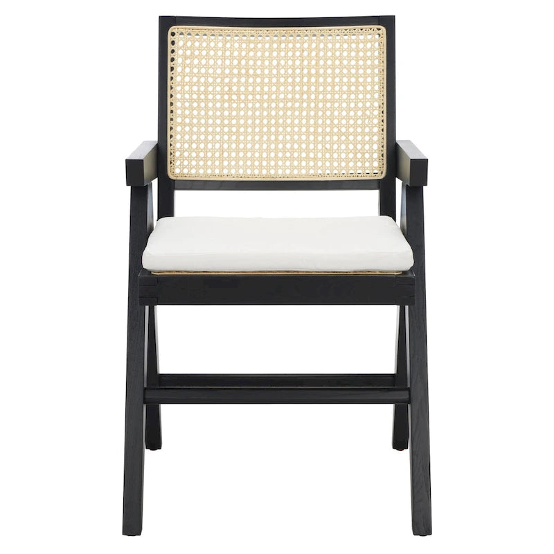 Fauteuil en bois de frêne massif avec dossier en rotin et coussin rembourré — 53 cm L × 58 cm P × 86 cm H