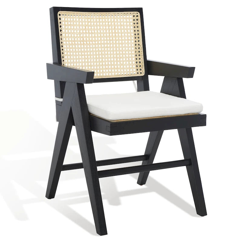 Fauteuil en bois de frêne massif avec dossier en rotin et coussin rembourré — 53 cm L × 58 cm P × 86 cm H