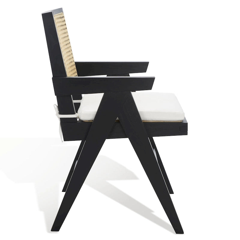 Fauteuil en bois de frêne massif avec dossier en rotin et coussin rembourré — 53 cm L × 58 cm P × 86 cm H