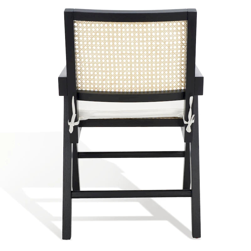 Fauteuil en bois de frêne massif avec dossier en rotin et coussin rembourré — 53 cm L × 58 cm P × 86 cm H