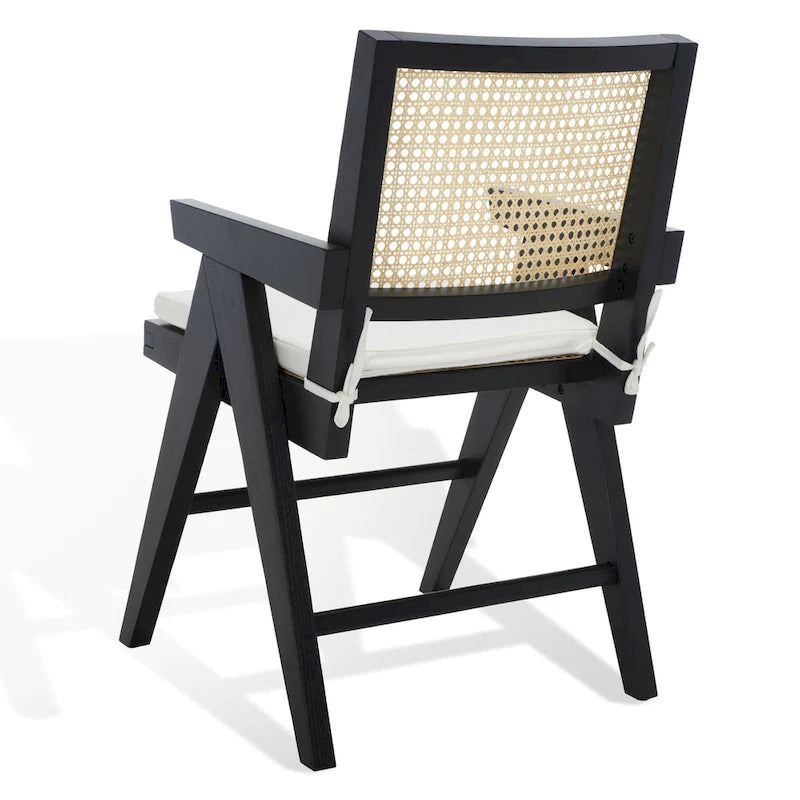 Fauteuil en bois de frêne massif avec dossier en rotin et coussin rembourré — 53 cm L × 58 cm P × 86 cm H